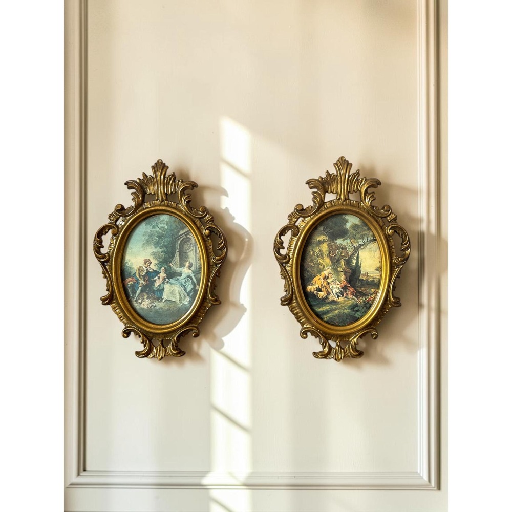Set of 2 - Vintage Italian Gold Frames Pair - Rococo Oval Romantic Wall Art
